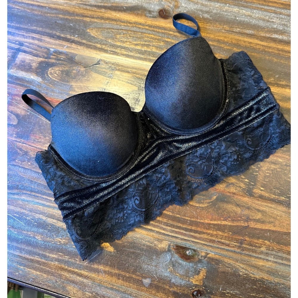 Adore Me Black Lace Longline Underwire Bra‎ Velvet Trim 36C